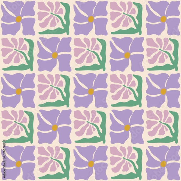 Fototapeta Colorful seamless pattern with lavender flowers. Vintage hippie style background. Geometric checkered print wallpaper, spring natural background with purple flowers. Vector illustration