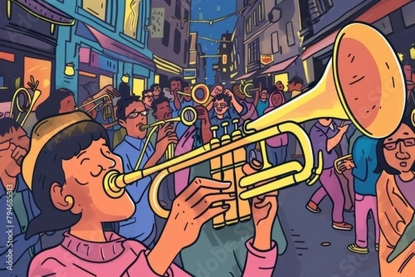 Fototapeta Cartoon cute doodles of a cheerful trumpet blasting joyful tunes in a bustling street performance, Generative AI