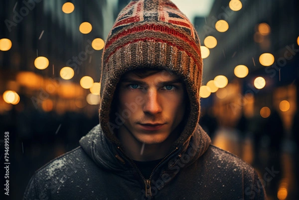 Fototapeta Portrait of a young man in a hoodie and sunglasses on the background of the British flag.
