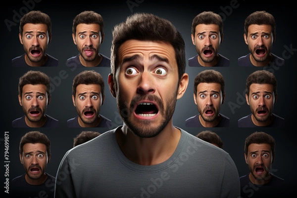 Fototapeta Portrait of a man with different facial expressions on a dark background