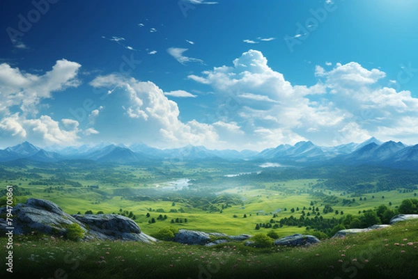 Fototapeta Fantasy landscape with river and mountains. 3d render illustration.