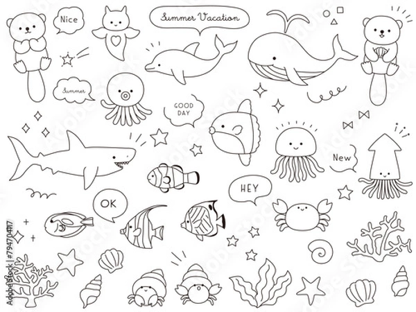 Obraz かわいい海の生き物のベクターイラストセット。海、水族館、線、線画