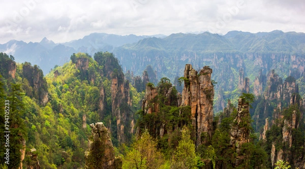 Obraz panoranic view of zhangjiajie national forest park Hunan, China.. a view from the top of the mountain. a view of the mountain covered with mist after the rain.	