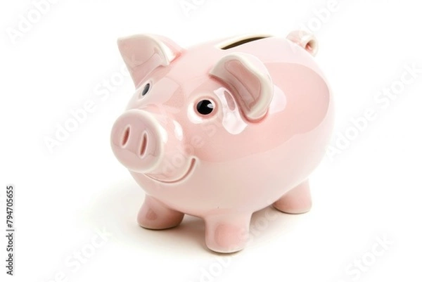 Fototapeta A pink piggy bank is placed on top of a white table