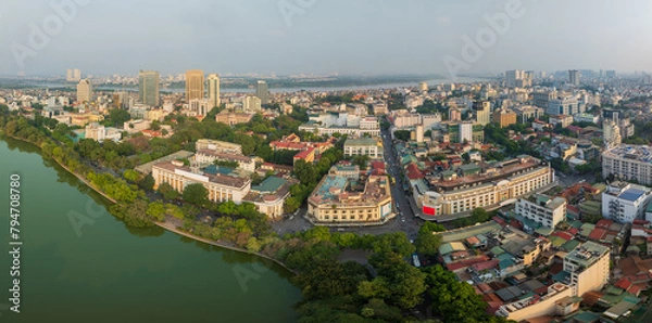 Obraz Aerial drone view of Hanoi old quarter in Hoan Kiem district with Trang Tien and Dinh Tien Hoang street