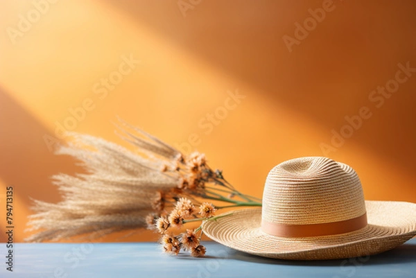 Fototapeta Straw hat on wheat field in summer. Selective focus.