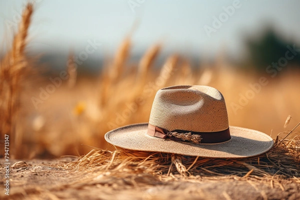 Fototapeta Straw hat on wheat field in summer. Selective focus.