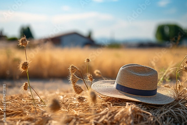 Fototapeta Straw hat on wheat field in summer. Selective focus.