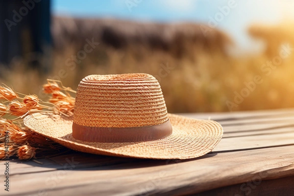 Fototapeta Straw hat on wheat field in summer. Selective focus.
