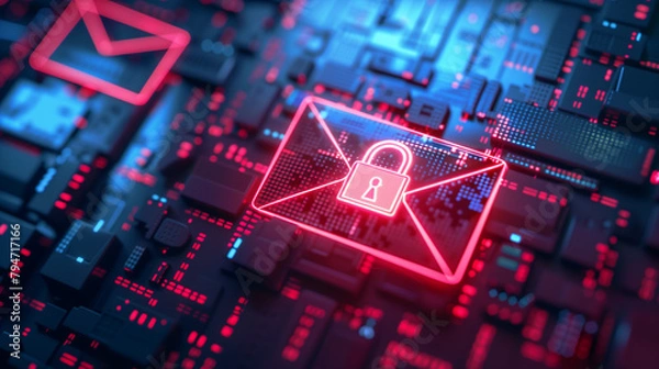 Fototapeta Email envelope icon with a digital lock on a circuit board, Concept of secure email communication and data protection in technology.