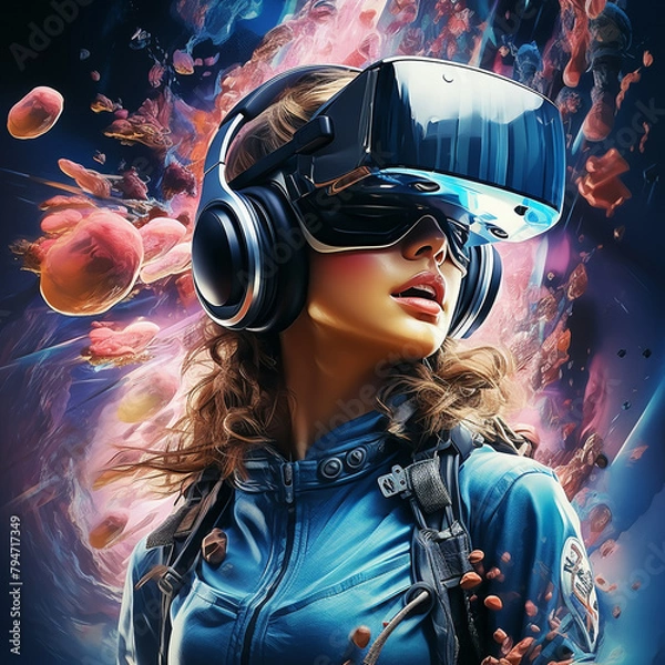 Fototapeta 3d illustration of a beautiful girl in virtual reality helmet and goggles.