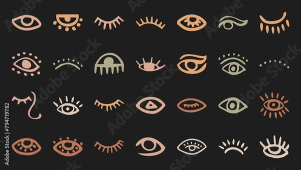 Fototapeta Modern boho random eye and nose shape collection, flat liquid minimal eyebrow element set, trendy geometric irregular eyeball silhouette design, cute organic form graphic, doodle abstract symbol art,