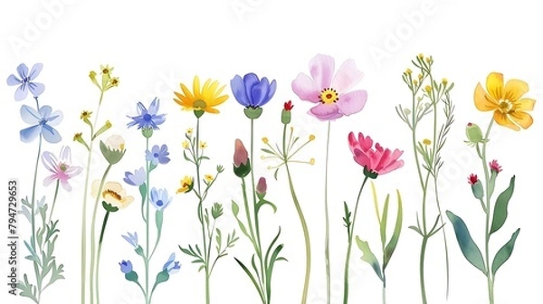 Fototapeta Beautiful floral set with watercolor hand drawn summer wild field flowers. Stock illustration. Clip art. Generative Ai