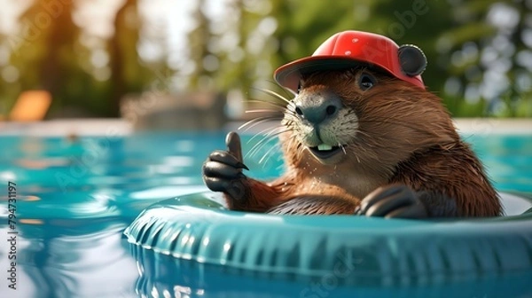 Fototapeta a beaver in a red baseball cap relaxing on a pool float giving thumbs up, summer day