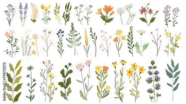 Fototapeta Collection of floral and botanical elements. Set of leaf, foliage wildflowers, plants, bloom, leaves and herb. Hand drawn of blossom spring season vectors for decor, wedding card. Generative Ai