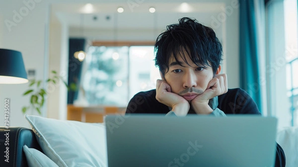 Obraz ノートパソコンを前に悩む男性 Depressed man with anxiety before screen