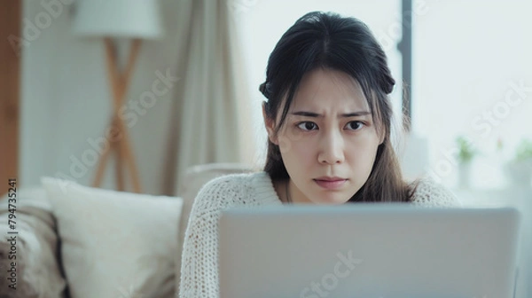 Obraz 深刻な表情でスクリーンを見る女性 lady with serious face watching screen