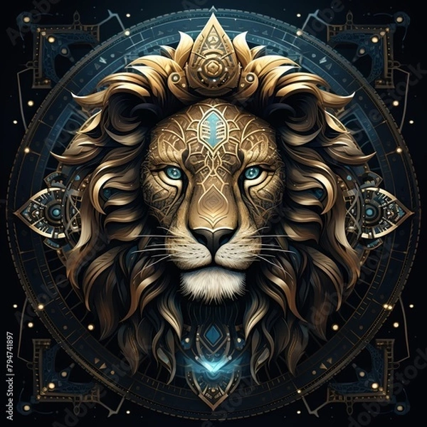 Fototapeta A golden lion with blue eyes and a glowing blue orb in front of it, surrounded by intricate golden patterns on a dark blue background.