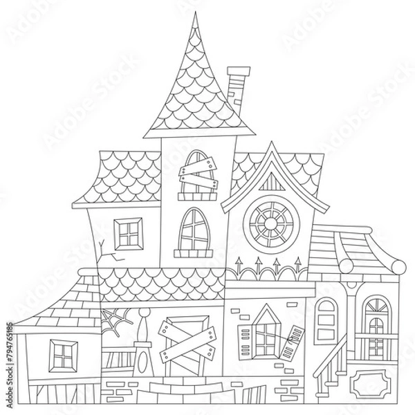 Obraz Haunted mansion hand drawn vector illustration in line stroke design