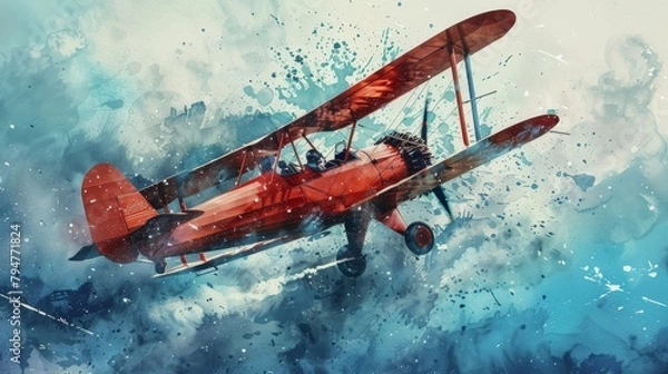 Fototapeta Antique aircraft performing aerial stunts at an air show, watercolor splashes capturing dynamic movement against a cerulean backdrop