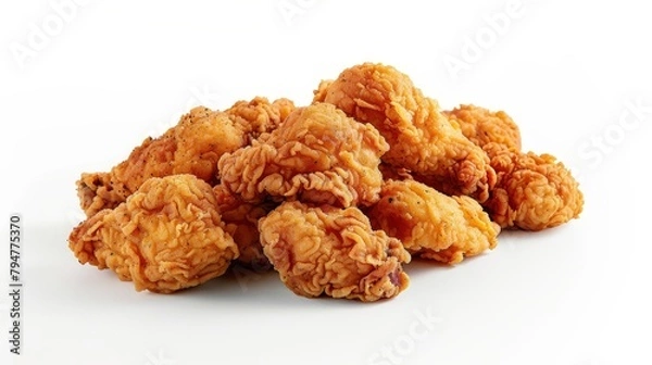 Fototapeta Top view of crispy, golden-brown chicken pieces seasoned and fried to perfection, showcased on an isolated background, studio lighting