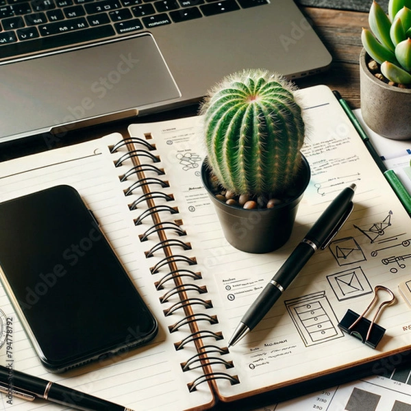 Obraz a green cactus placed on a working notebook