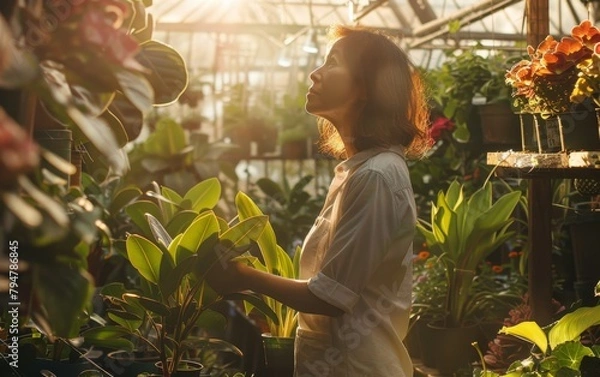 Obraz A woman works in a garden center among plants. Generative AI