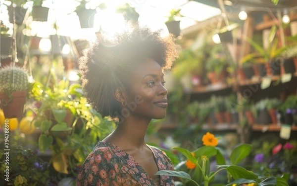 Obraz Black woman working in a garden center among plants. Generative AI