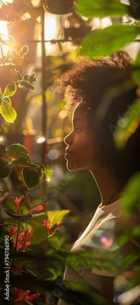 Obraz Black woman working in a garden center among plants. Generative AI