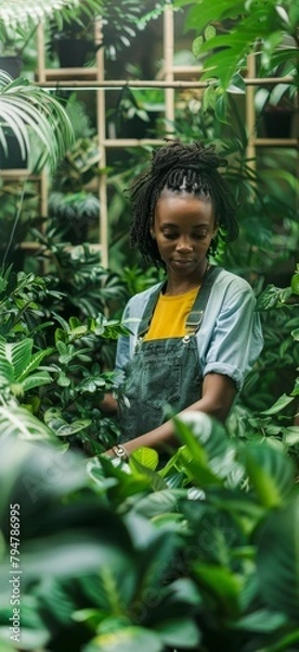 Obraz Black woman working in a garden center among plants. Generative AI
