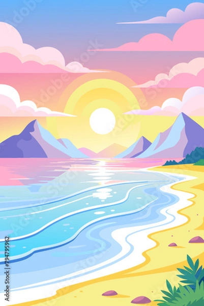 Fototapeta Colorful Sunset by the Mountains and Beach Illustration