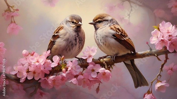 Obraz  Tiny and amusing sparrow chicks perch in the garden