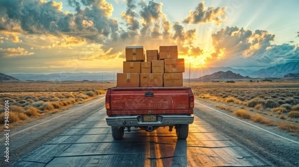 Fototapeta Red Pickup Truck Loaded With Boxes on a Desert Road at Sunset
