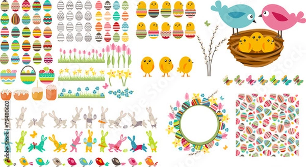 Obraz Big easter collection with eggs,birds and rabbits