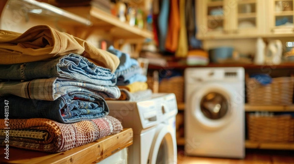 Fototapeta Neatly folded colorful clothes and towels in a minimalist laundry room with a washing machine and household wooden shelves as a background