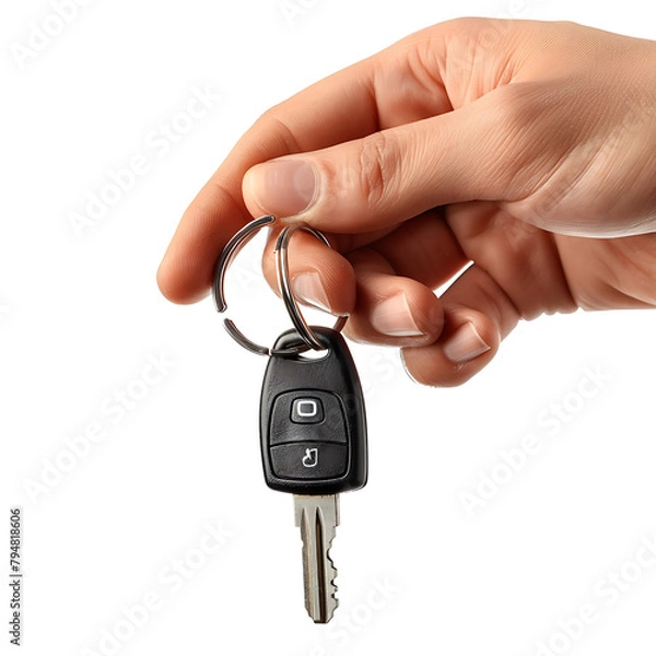Fototapeta Hand holding car key on isolated transparent background