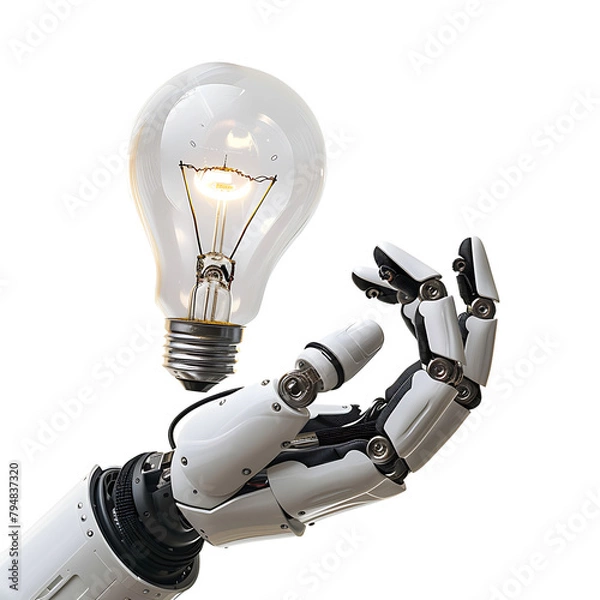 Fototapeta Ai robot hand holding lightbulb on isolated transparent background
