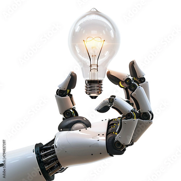 Fototapeta Ai robot hand holding lightbulb on isolated transparent background