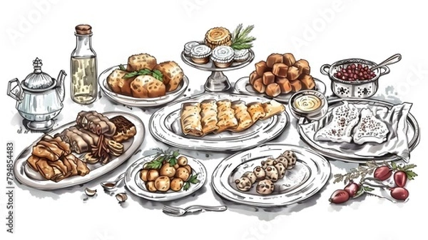 Obraz Delectable Feast of Eid al Adha Discover the Mouthwatering Spread of Traditional Middle Eastern Dishes from Aromatic Biryani to Decadent Baklava and