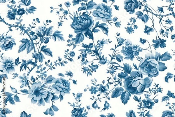 Fototapeta Vintage French Blue Floral A tranquil blue floral textile design, suitable for creating elegant  sophisticated home decoration, seamless pattern, background