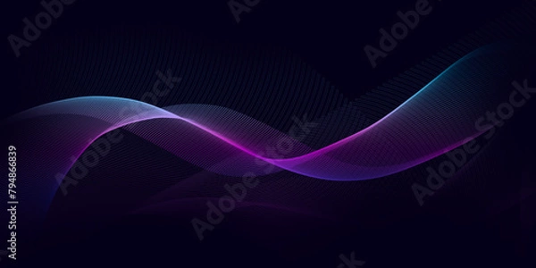 Fototapeta Dark abstract background with a glowing wave. Shiny moving lines design element. Modern purple, blue gradient flowing wave lines. Futuristic technology concept.