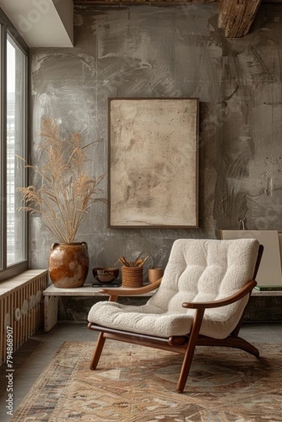 Fototapeta An elegant and cozy armchair set in a room with rustic plaster walls, accompanied by a vase and decorative items, invoking warmth