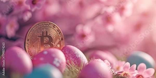 Fototapeta Digital currency physical metal bitcoin coin and Easter eggs.