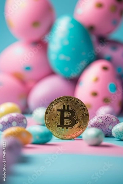 Fototapeta Digital currency physical metal bitcoin coin and Easter eggs.