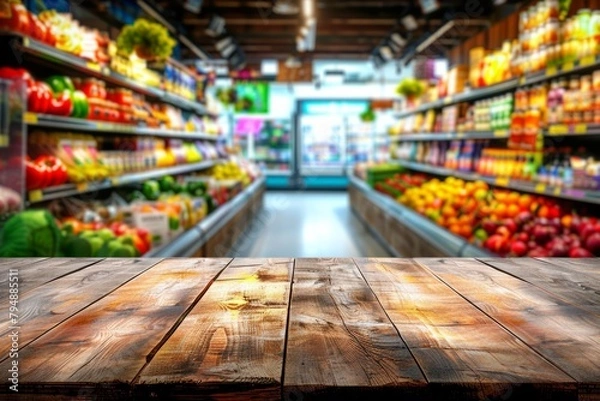 Fototapeta Wooden table with a view of vibrant grocery store aisles. Supermarket and fresh produce shopping concept. Design for poster, banner, advertisement. Perspective composition with bokeh background
