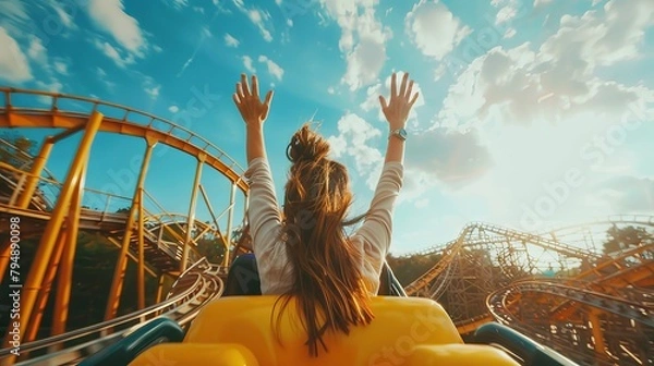 Fototapeta A euphoric moment as a person rides a roller coaster