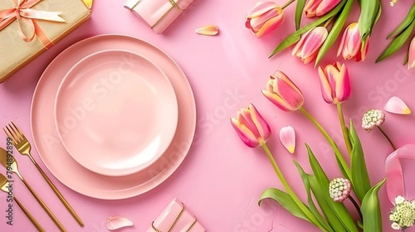 Fototapeta Mother day table setting background. Pink Mother's day border flat lay for brunch, lunch, dinner menu, invitation mockup. Beautiful table setting with golden cutlery, tulip flowers. Generative Ai