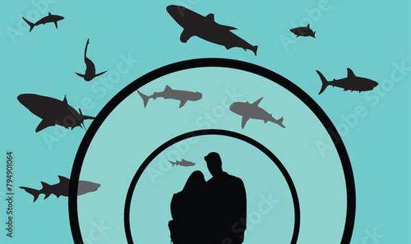 Obraz Vector illustration of people watching through tunnel aquarium