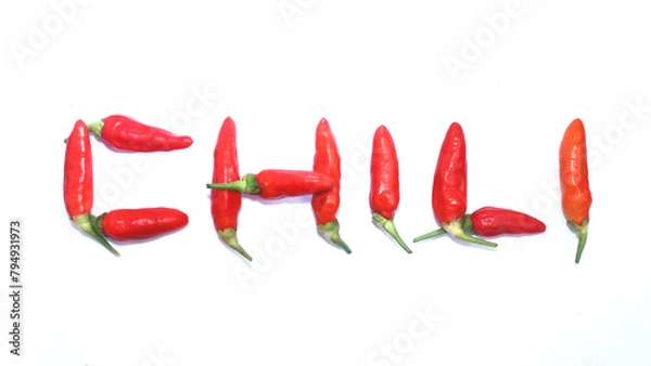 Obraz Red hot chili peppers, Red chilies form the word chili on white background