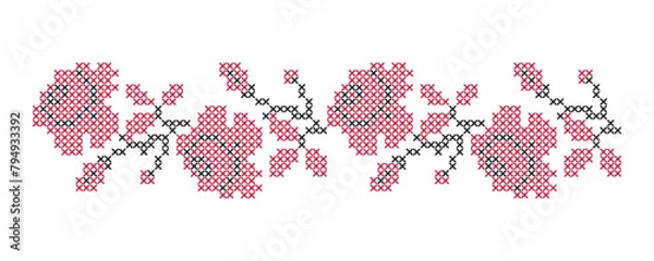Fototapeta Seamless cross stitch pattern. Red and black roses embroidered with a cross. Handmade work. Handiwork. Vector illustration.